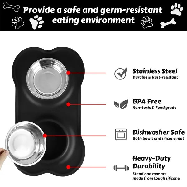 Spill-Proof Silicone Stainless Steel Double Dog Bowl