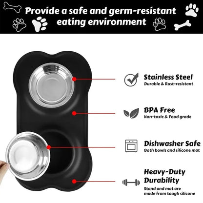 Spill-Proof Silicone Stainless Steel Double Dog Bowl