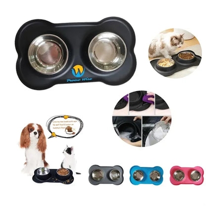 Spill-Proof Silicone Stainless Steel Double Dog Bowl
