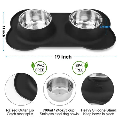 Spill-Proof Silicone Stainless Steel Double Dog Bowl