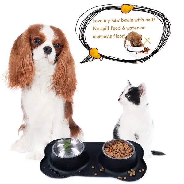 Spill-Proof Silicone Stainless Steel Double Dog Bowl
