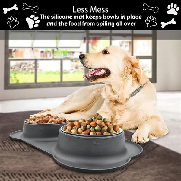 Spill-Proof Silicone Stainless Steel Double Dog Bowl