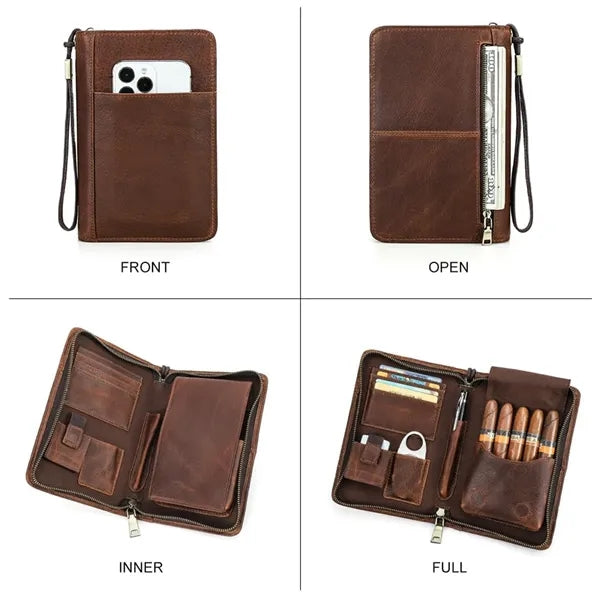 Genuine Leather Crazy Horse Vintage Wrist Cigar Case