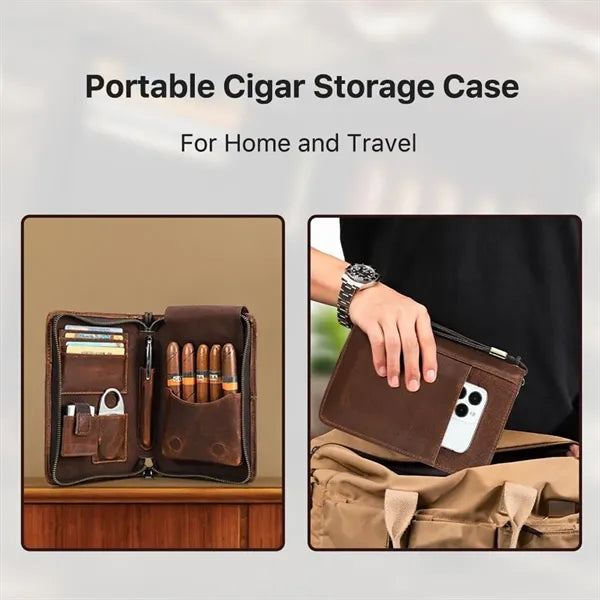 Genuine Leather Crazy Horse Vintage Wrist Cigar Case