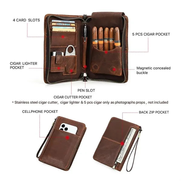 Genuine Leather Crazy Horse Vintage Wrist Cigar Case