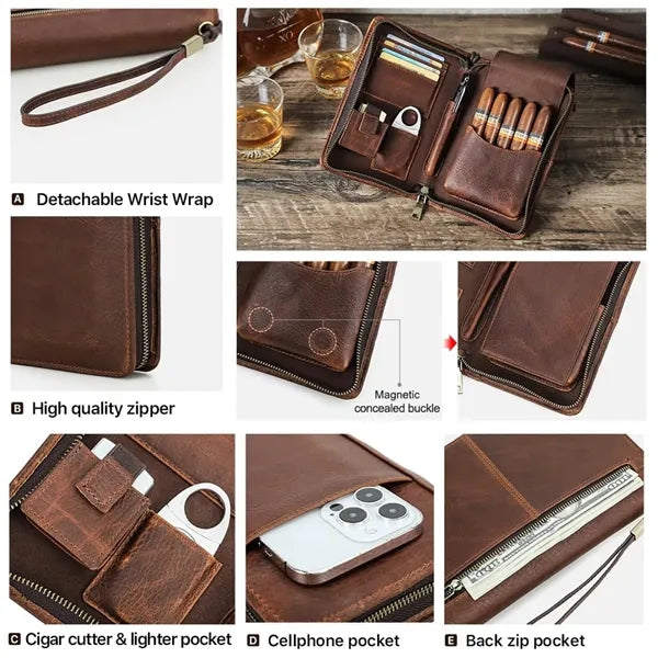 Genuine Leather Crazy Horse Vintage Wrist Cigar Case