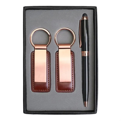 Pen & Black Leatherette/ Metal Keychain Gift Set