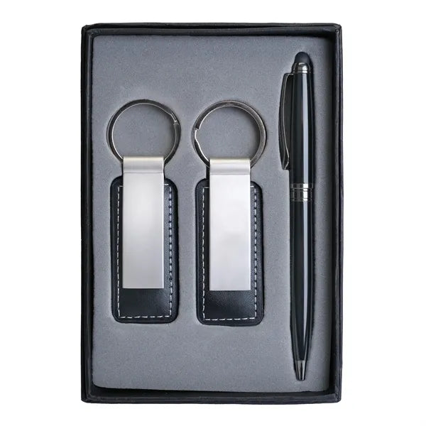 Pen & Black Leatherette/ Metal Keychain Gift Set
