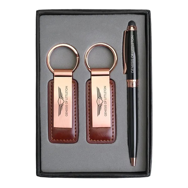 Pen & Black Leatherette/ Metal Keychain Gift Set