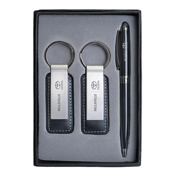 Pen & Black Leatherette/ Metal Keychain Gift Set
