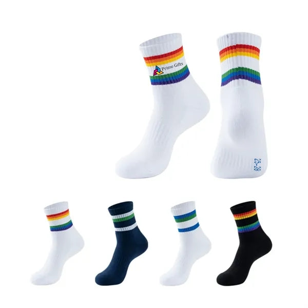 Custom Super Soft Cotton Rainbow Athletic Crew Socks
