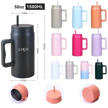 50 oz Stainless Steel Travel Tumbler with Handle and Straw