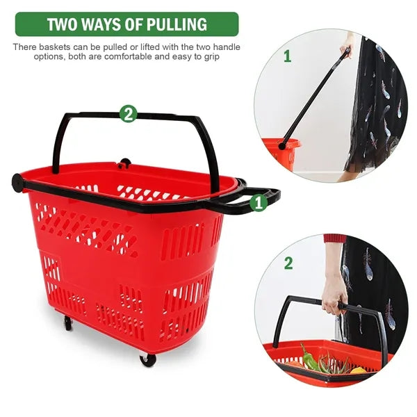 Plastic Wheeled Shopping Baskets w/ Handles
