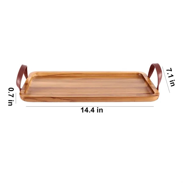 Rectangular PU Leather Handle Wooden Tray