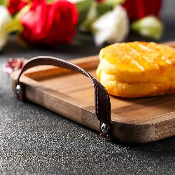 Rectangular PU Leather Handle Wooden Tray