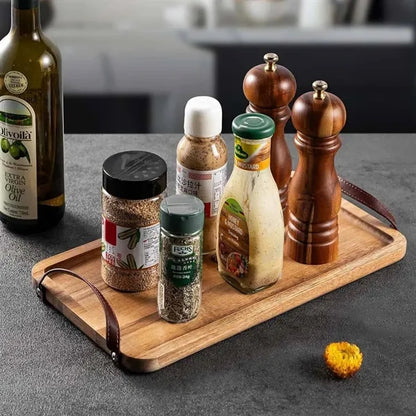 Rectangular PU Leather Handle Wooden Tray