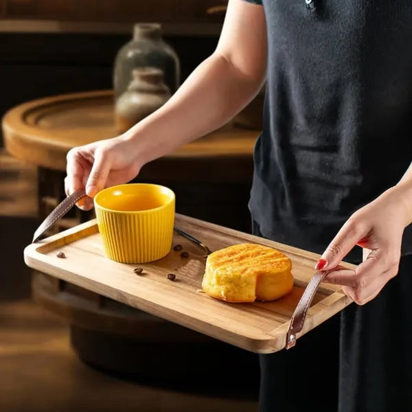 Rectangular PU Leather Handle Wooden Tray