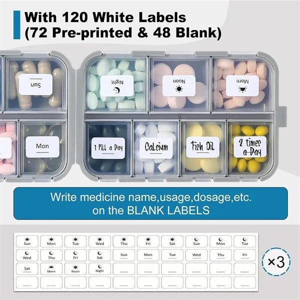 14-Grid Portable Pill Organizer Box with Labels