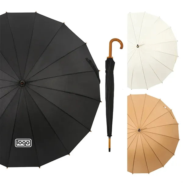 Auto Open 16-Rib Wooden Handle Windproof Umbrella