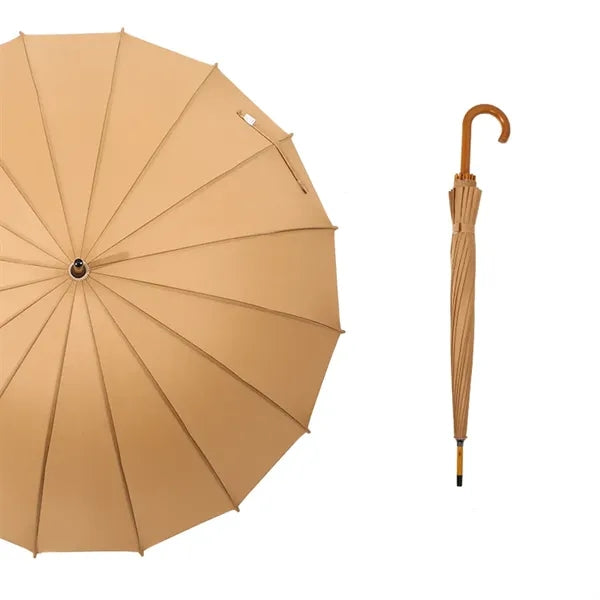 Auto Open 16-Rib Wooden Handle Windproof Umbrella