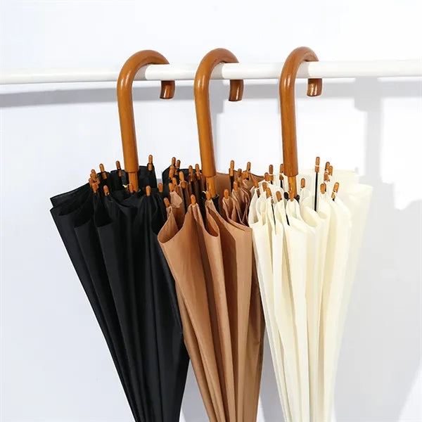 Auto Open 16-Rib Wooden Handle Windproof Umbrella