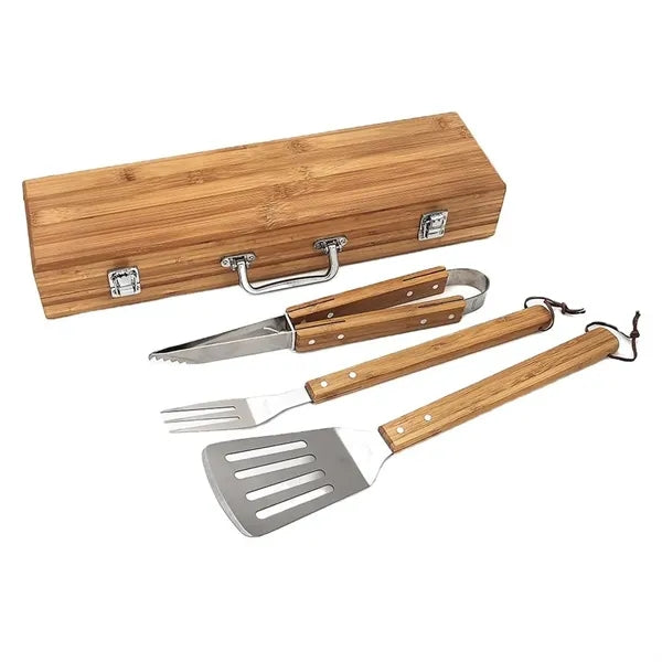 3PCS Wooden Handle Stainless Steel BBQ Set w/ Case