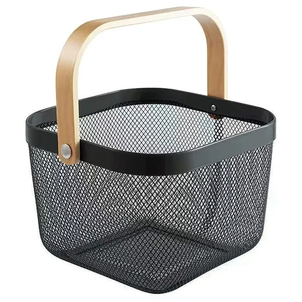 Multi Functional Wooden Handle Mesh Metal Storage Basket