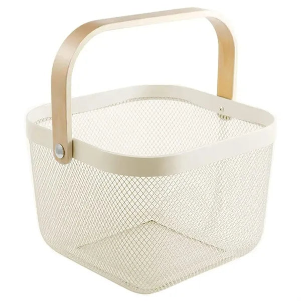 Multi Functional Wooden Handle Mesh Metal Storage Basket