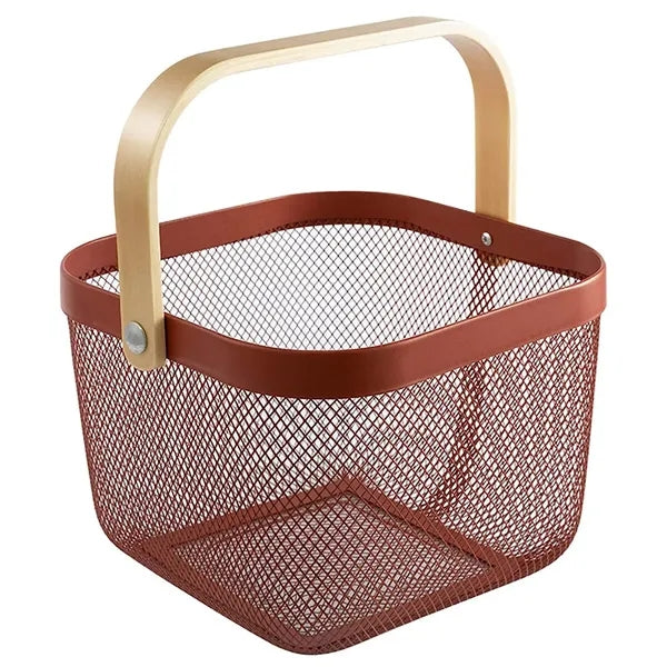 Multi Functional Wooden Handle Mesh Metal Storage Basket