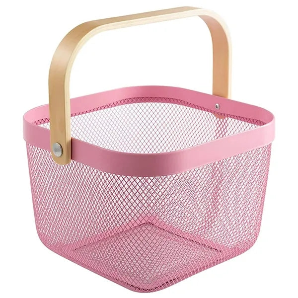 Multi Functional Wooden Handle Mesh Metal Storage Basket