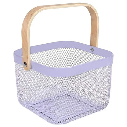 Multi Functional Wooden Handle Mesh Metal Storage Basket