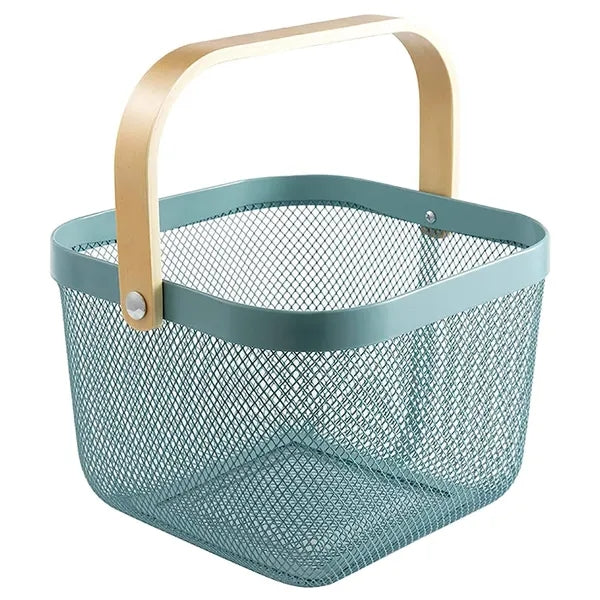 Multi Functional Wooden Handle Mesh Metal Storage Basket