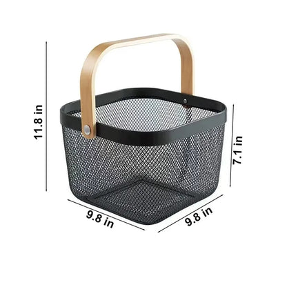 Multi Functional Wooden Handle Mesh Metal Storage Basket