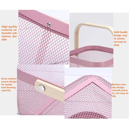 Multi Functional Wooden Handle Mesh Metal Storage Basket