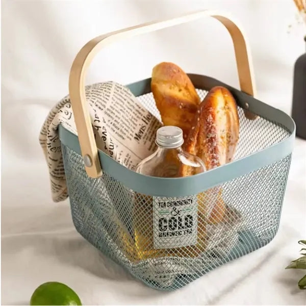 Multi Functional Wooden Handle Mesh Metal Storage Basket