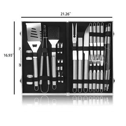 Durable 26 Piece Stainless Steel BBQ Grill Tool Set In Case