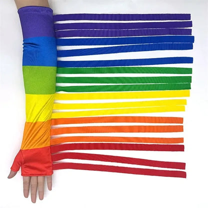 LGBT Rainbow Long Fingerless Striped Gloves Sleeves