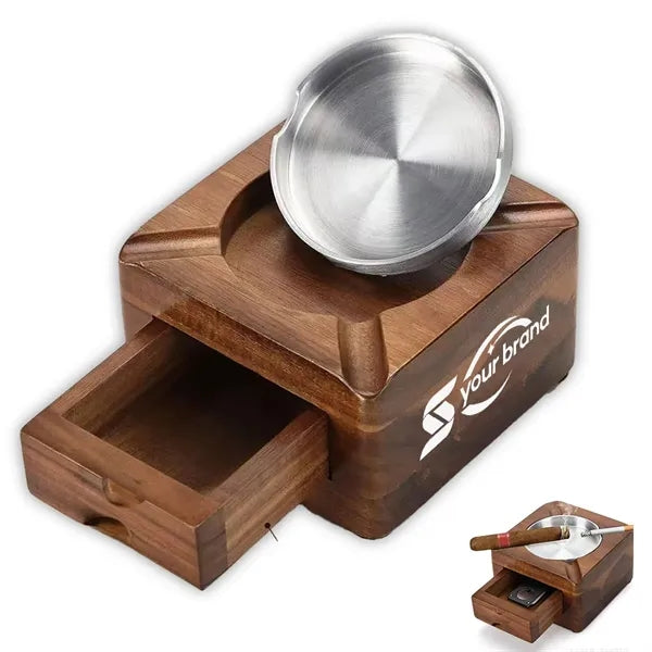 Wooden Square Cigar Ashtray with Drawer and Accessories