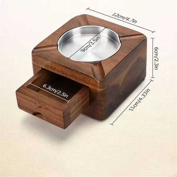 Wooden Square Cigar Ashtray with Drawer and Accessories
