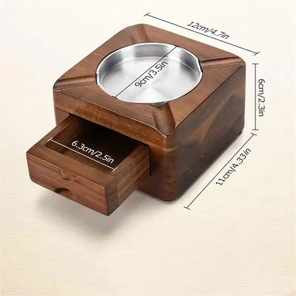 Wooden Square Cigar Ashtray with Drawer and Accessories