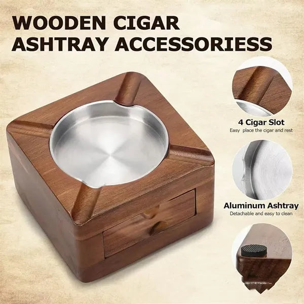 Wooden Square Cigar Ashtray with Drawer and Accessories