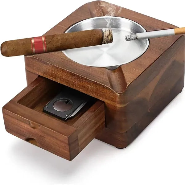Wooden Square Cigar Ashtray with Drawer and Accessories