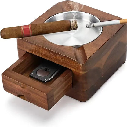 Wooden Square Cigar Ashtray with Drawer and Accessories