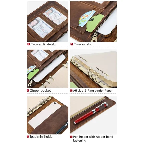 All-in-one 6-ring Binder Geniune Leather Portfolios Journal