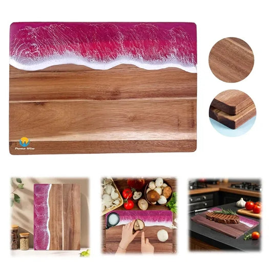 Romantic Pink Wave Resin Cutting Board Acacia Wood