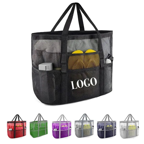 Custom 8 Pockets Foldable Family Size Mesh Beach Tote Bag