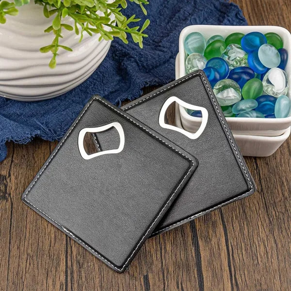Leather Shell Stainless Steel Bottle Opener and Coaster