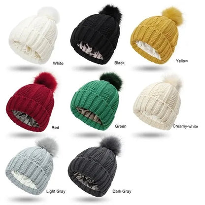 Satin Lined Knit Beanie with Pom for Winter Hair Care