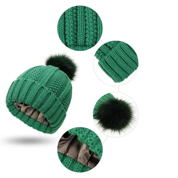 Satin Lined Knit Beanie with Pom for Winter Hair Care