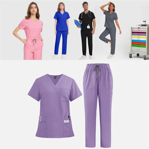 Solid nurse top and pants medical uniform women's scrub set